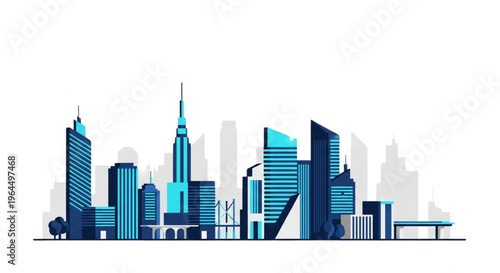 Dynamic urban cityscape illustration showcasing modern architectural designs in blue and gray tones