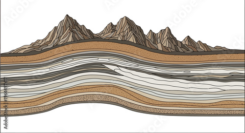 Detailed cross-section illustrating geological layers, folds, and mountain formation.