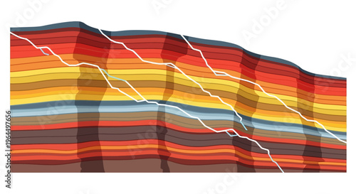 Geological cross-section showing colorful rock layers displaced by multiple fault lines.