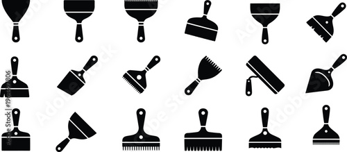 Collection of black putty knife and scraper silhouette design icon logo illustration isolated on white background