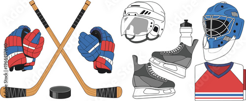 Ice hockey equipment set with sticks, helmet, gloves, skates, puck and goalie mask sports vector illustration