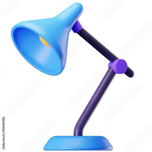 A 3D illustration of a bright blue desk lamp with a purple adjustable arm, perfect for study or office inspiration