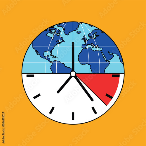 Earth hour and climate change concept illustration with globe and clock face showing red section for urgent environmental action on orange backdrop