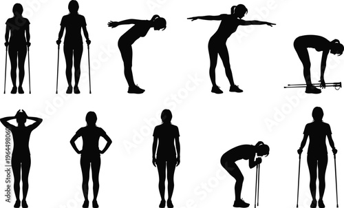 Silhouette collection of a woman performing Nordic walking exercises and stretching routines with trekking poles isolated on a white background,