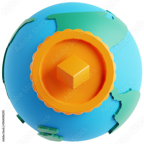 3D render of a stylized globe with a coin emblem representing global finance or cryptocurrency