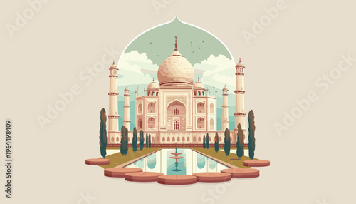 "Taj Mahal, Mughal architecture, symmetrical design, reflection pool, garden with trees, pastel color palette, soft lighting, minimal flat vector illustration, aesthetic sky, clean modern style
