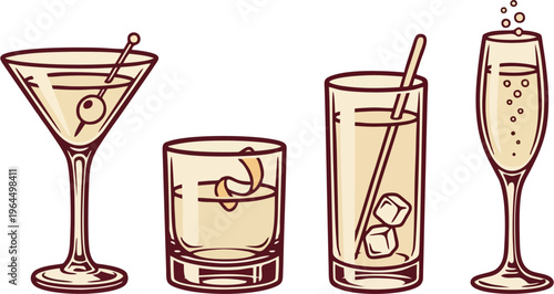 Classic Cocktail Glass Set — Vintage Retro Vector Illustration of Martini, Old Fashioned, Highball, and Champagne Flute with Olive, Ice Cubes, Citrus Twist, and Straw