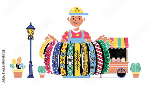 Street Vendor and Colorful Accessories: A cheerful vendor presents a vibrant array of accessories.