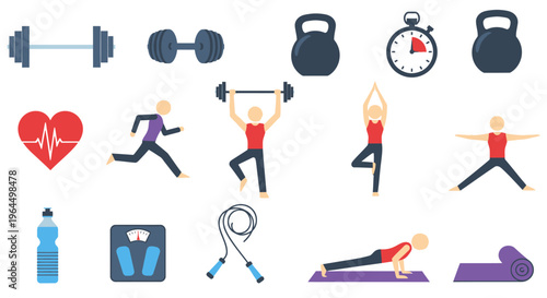 Collection of colorful fitness and exercise icons including weights, running, yoga, and gym equipment on an isolated white background.