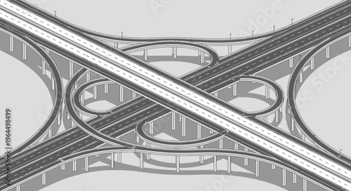 Aerial grayscale view of a complex highway interchange with multiple roads, overpasses, and bridges.