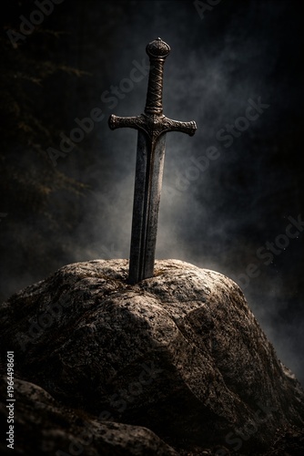 A weathered sword stands dramatically embedded in a rocky outcrop against a dark, misty background.