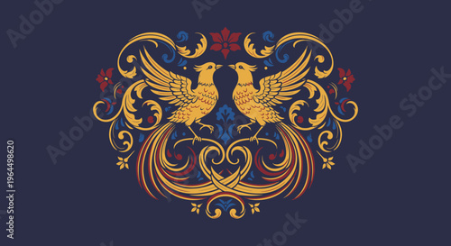 Two majestic golden mythical birds with elaborate floral and scrollwork design on a dark blue background.