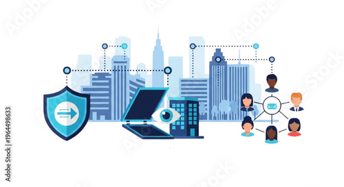 Digital security and privacy in a connected urban environment with a blue shield protecting data networks