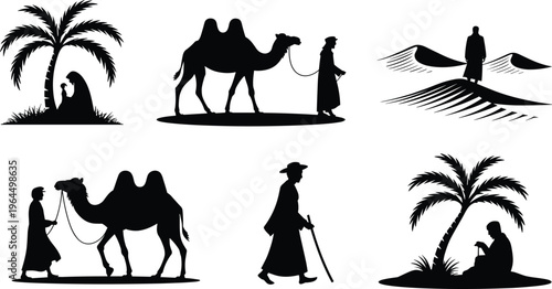 Desert arab silhouette set with camel traveler palm tree dunes middle east culture black vector illustration collection isolated