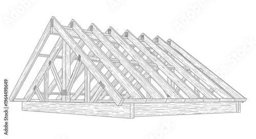 Detailed wooden roof truss structure for construction and architecture, isolated white background
