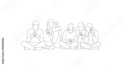 Group of people in line art style using smartphones and interacting on a minimalist isolated white background.