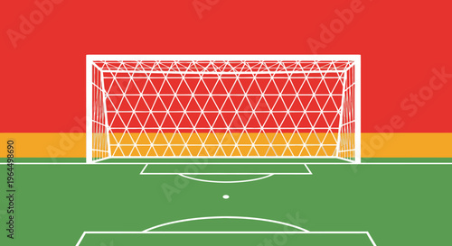 Soccer goal on a green football field with a vibrant red and yellow background.