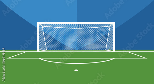 Soccer goal on a green football field under a blue sky background.