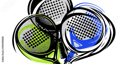 Three colorful paddle tennis rackets with detailed patterns on an isolated white background.