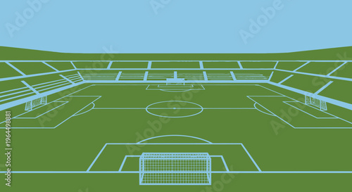 Green Football Soccer Stadium with Stands and Goal Post Under a Blue Sky