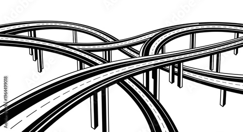 Complex Highway Interchange Road System, Black and White Line Art Illustration on Isolated White Background