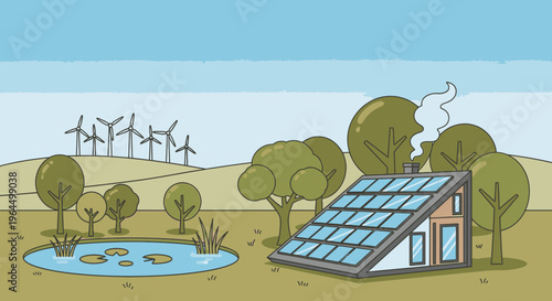 Eco-Friendly House with Solar Panels and Wind Turbines in a Green Landscape, Sustainable Living Concept