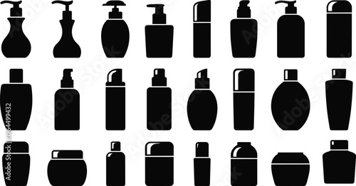 Cosmetic bottle silhouettes collection skincare and beauty containers isolated on white background shampoo lotion pump dispenser packaging vector illustration set