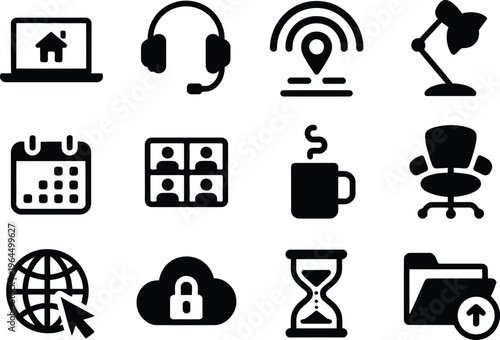 Remote Work and Home Office Silhouette Icons for Digital Communication and Freelance