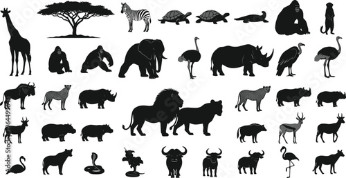 Comprehensive African safari wildlife silhouette collection featuring lion, elephant, giraffe, rhino, zebra, and acacia tree for nature conservation, educational projects, and wild animal branding.