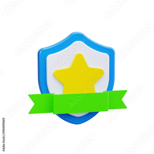 3D rendered award badge with a yellow star and green ribbon, perfect for recognition and achievement