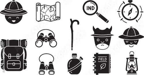 Black and white line of various professions and symbols including judge lawyer chef pilot scientist and more