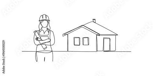 A single continuous line drawing of a female architect holding blueprints next to a small house Vector, illustration