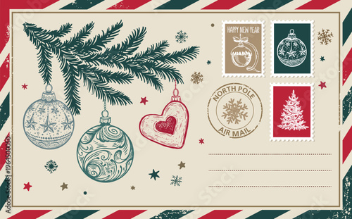Vintage Christmas Postcard with Holiday Ornaments and Stamps