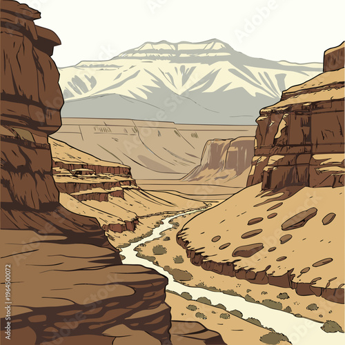 A serene desert canyon landscape with a winding river and majestic mountains in the background under a clear sky