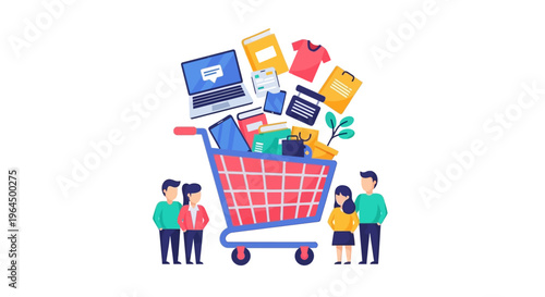Online Shopping and E-commerce Concept: Diverse Products Overflowing from Shopping Cart with Shoppers
