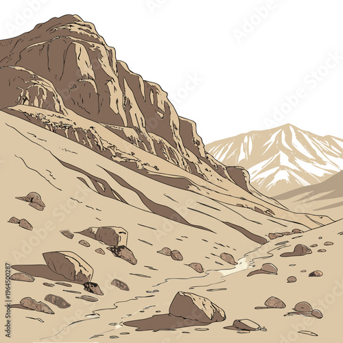 Illustration of a desert mountain landscape with rocky terrain and sandy dunes in a sepia tone