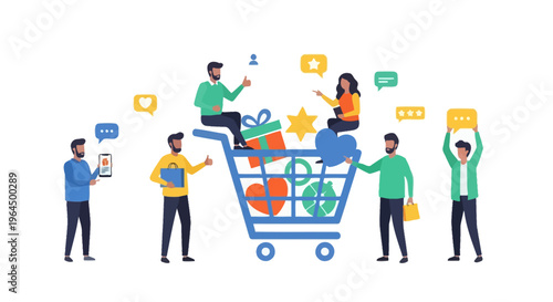 Online Shopping Experience Vector: Customers Engaging with E-commerce, Mobile Retail, Reviews, and Digital Customer Journey