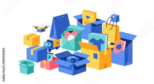 E-commerce Delivery Network: Online Shopping, Shipping, and Logistics with Packages, Truck, and Drone Illustration