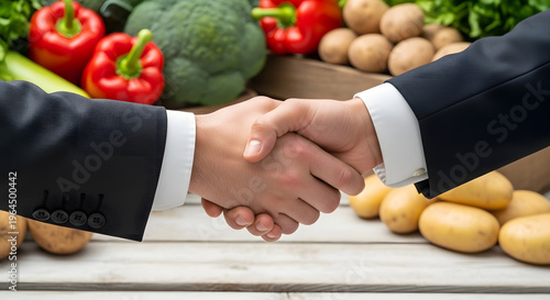 handshake between two businessmen, agriculture, farming, vegetables, fresh produce, red bell peppers, broccoli, potatoes, agribusiness, handshake, business suits, corporate agreement, food trade, prod