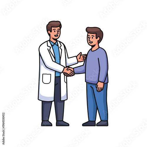 A doctor in a white coat shaking hands with a patient, both smiling and standing in a simple setting. Perfect for healthcare, medical presentations, and wellness brochures.