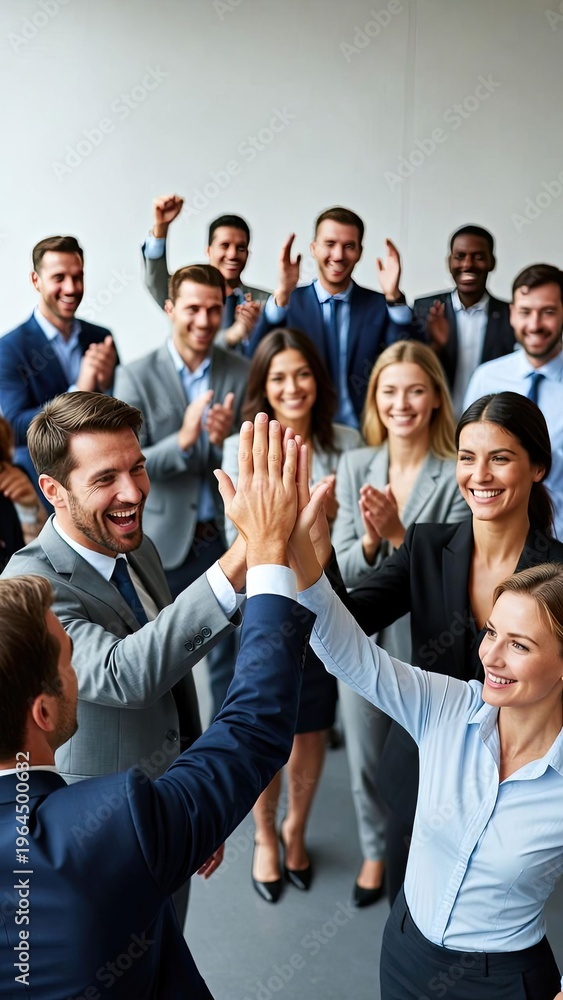 Fototapeta premium Corporate event celebrating team achievements with high-fives indoors