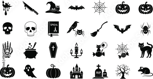 Halloween vector icon set featuring spooky silhouettes of pumpkins, skulls, bats, ghosts, haunted castle, witch hat, graveyard elements, and creepy creatures for festive autumn designs.
