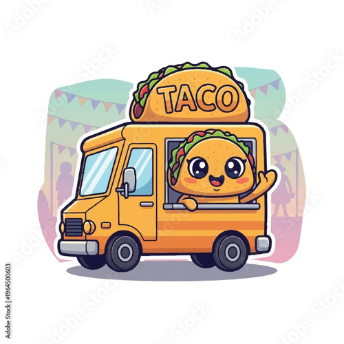 A colorful cartoon taco peeking out of a yellow food truck with a festive background. Perfect for advertising, restaurant promotions, and social media content.