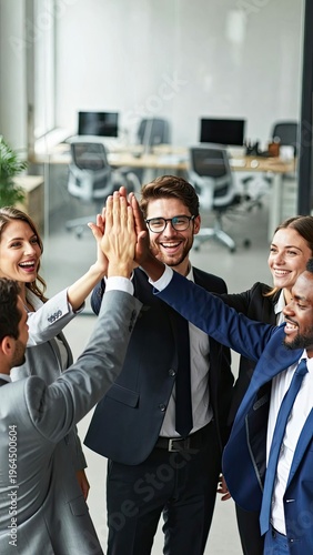 Team celebrating success at corporate office business environment group photo professional setting