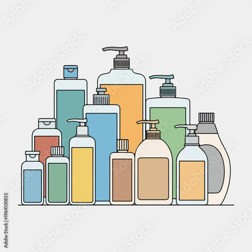 Collection of various personal care and cosmetic product bottles and dispensers