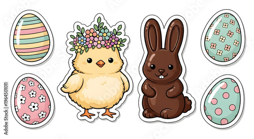 Easter Themed Sticker Set: Chocolate Bunny, Cute Chick, and Decorative Eggs