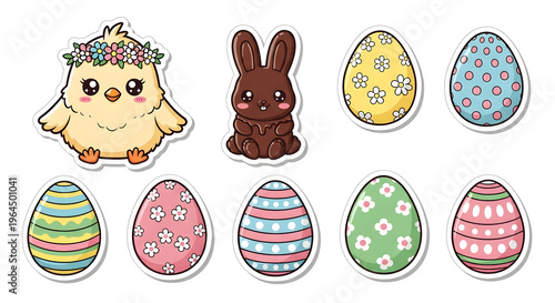 Easter Themed Sticker Set: Chocolate Bunny, Cute Chick, and Decorative Eggs