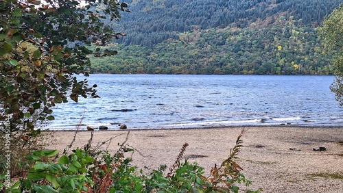 Фотография Viewed through leafy branches along the shoreline, Loch Lomond stretches toward a forested hillside across the water at Firkin Point, Scotland
