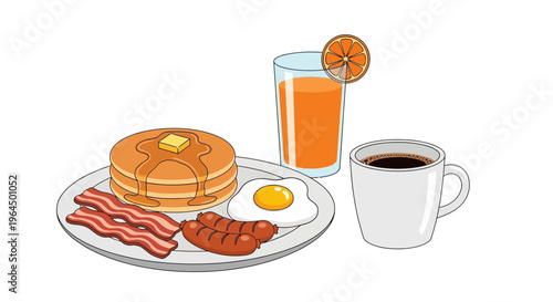 A plate of breakfast food with pancakes bacon sausage egg and coffee on a table