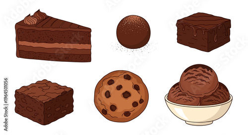 A variety of chocolate desserts arranged on a white surface including cake and ice cream.
